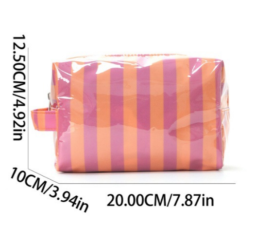 Pink and orange striped pouch with dimensions displayed