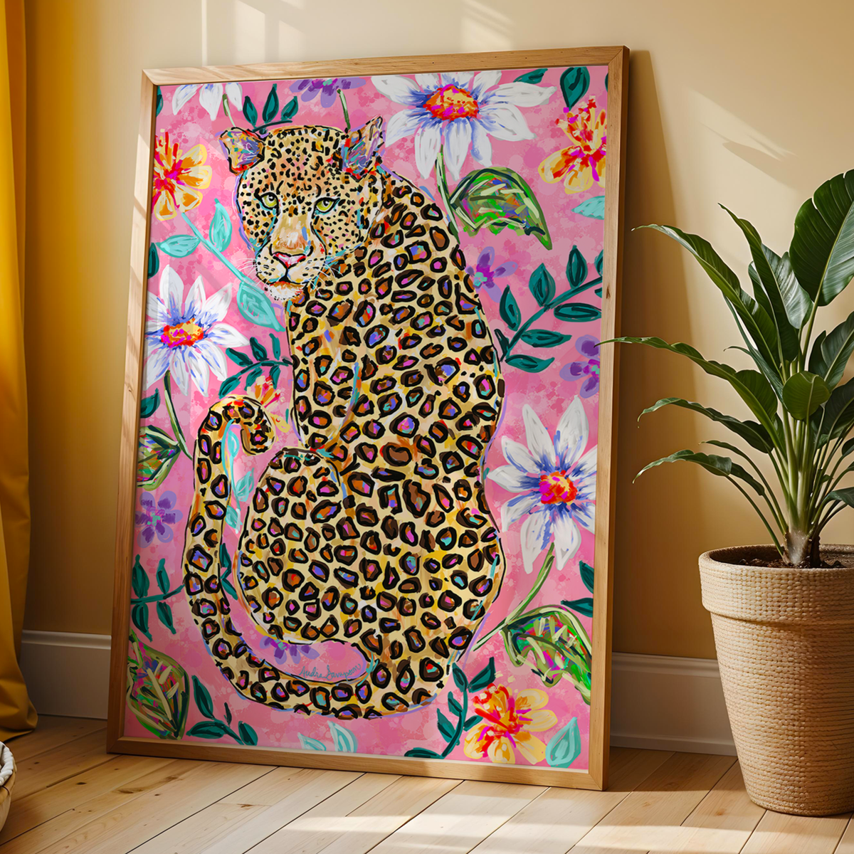 Leopard Print Floral Art Print, Cheetah Maximalist Art, Dopamine Decor, Trendy Colorful Wall Poster