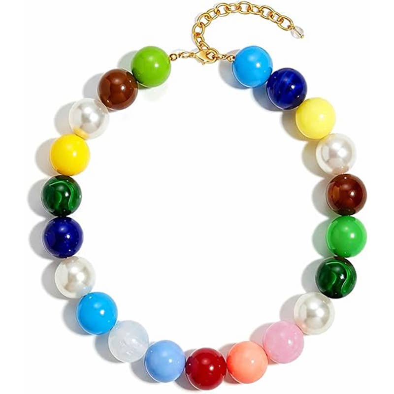 Colorful beaded necklace with a gold chain on a white background