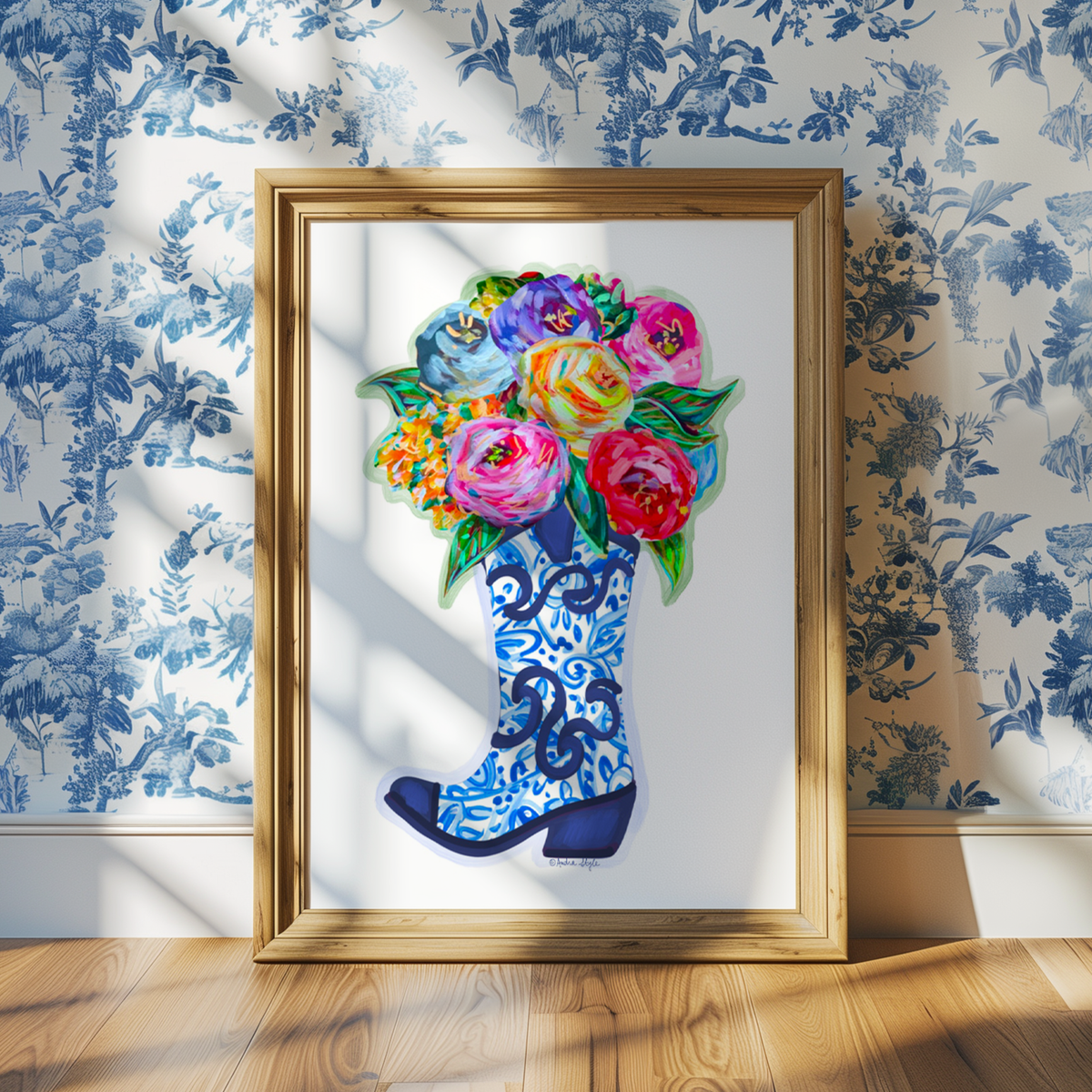 Boot Bouquet Art Print, Blue and White Maximalist Art, Dopamine Decor, Trendy Colorful Wall Poster
