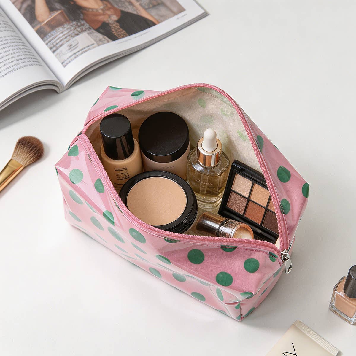 Pink polka dot makeup bag with cosmetic products on a white surface