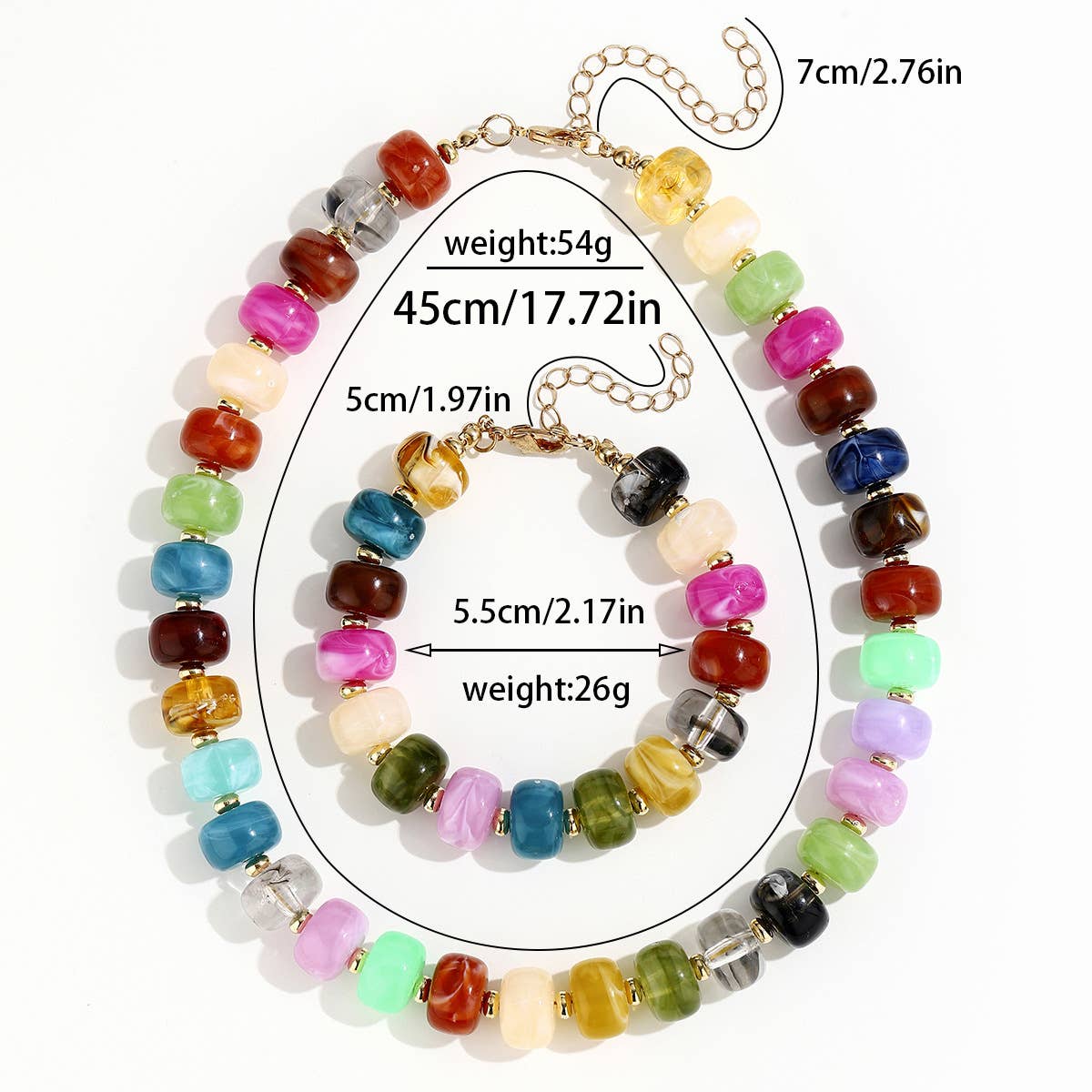 Colorful beaded necklace with measurements on a white background