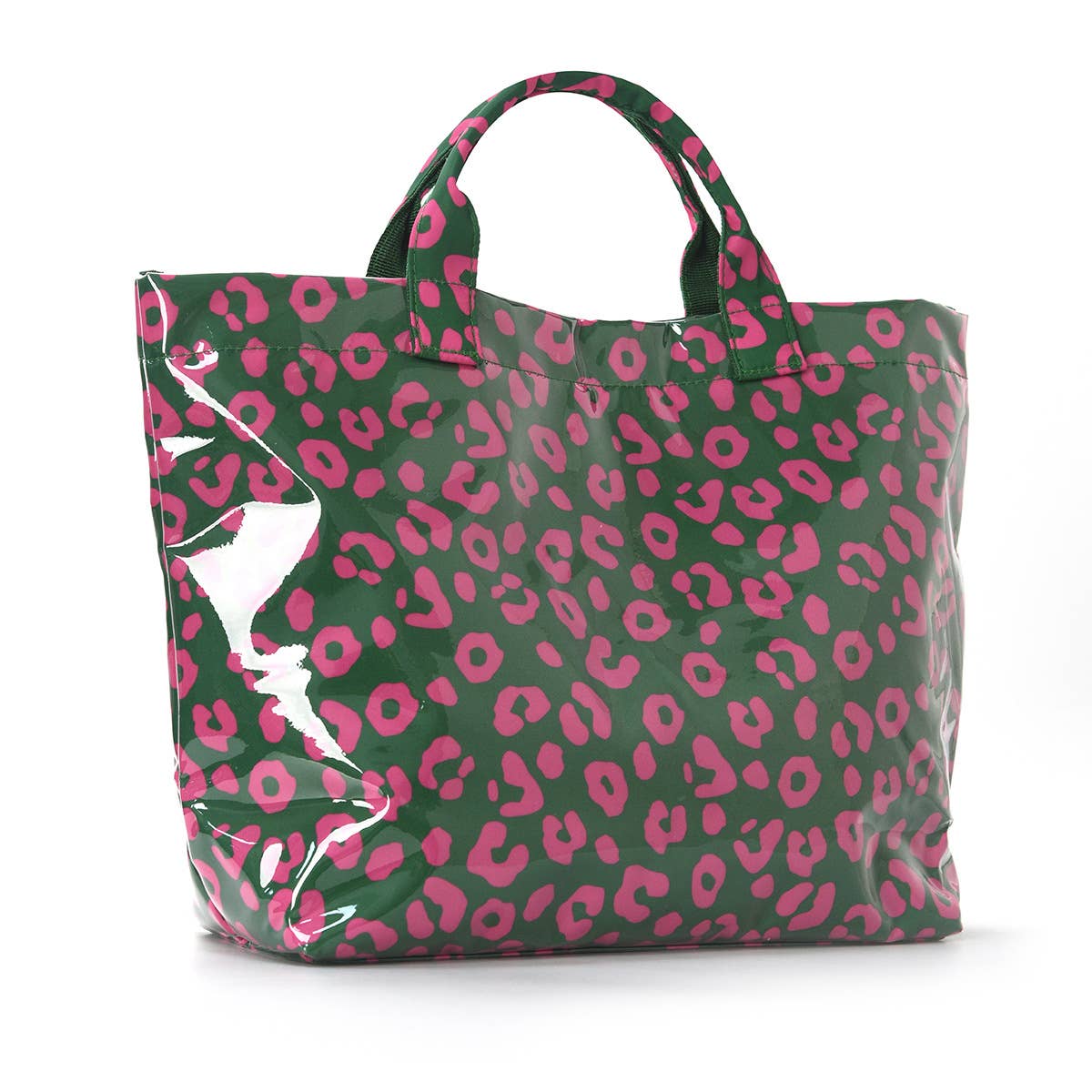 Green tote bag with pink leopard print pattern on a white background