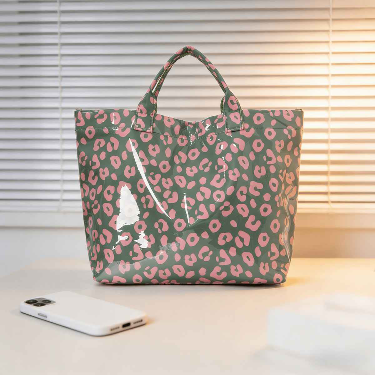 Green tote bag with pink leopard print pattern on a light surface.