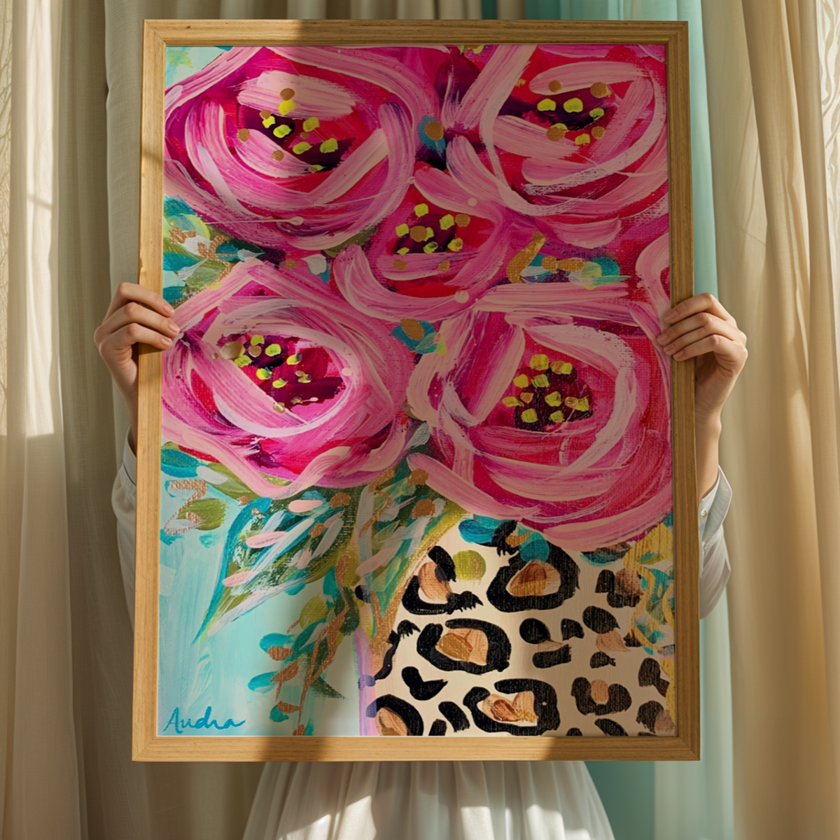 Roses Leopard Floral Art Print, Cheetah Maximalist Art, Dopamine Decor, Trendy Colorful Wall Poster