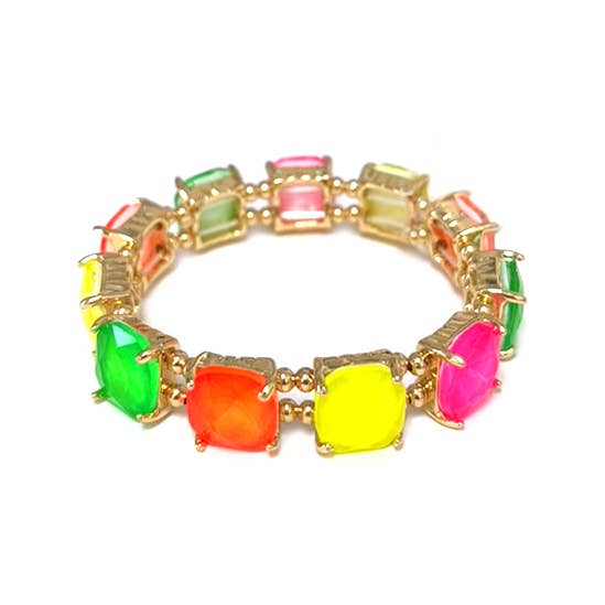 Neon multicolored bracelet with gold accents on a white background