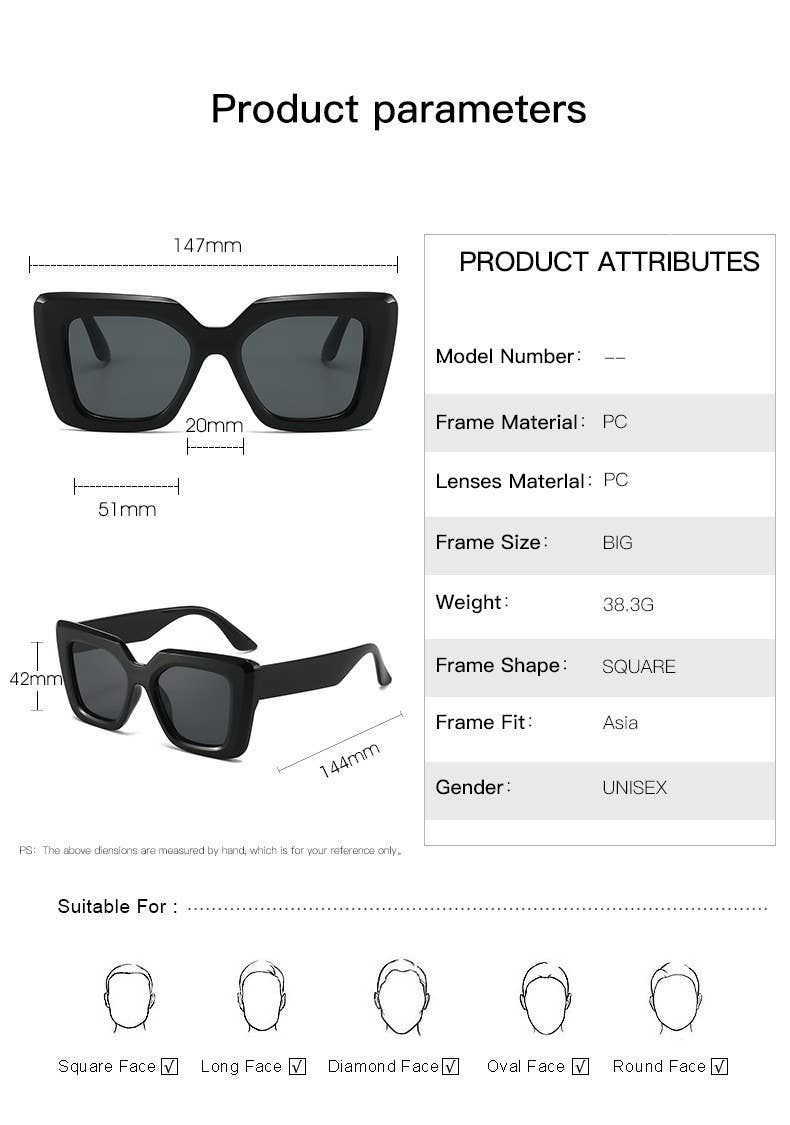 Product parameters and specifications for cat-eye sunglasses, showing two views of the sunglasses with measurement labels and a product attributes table on a white background.