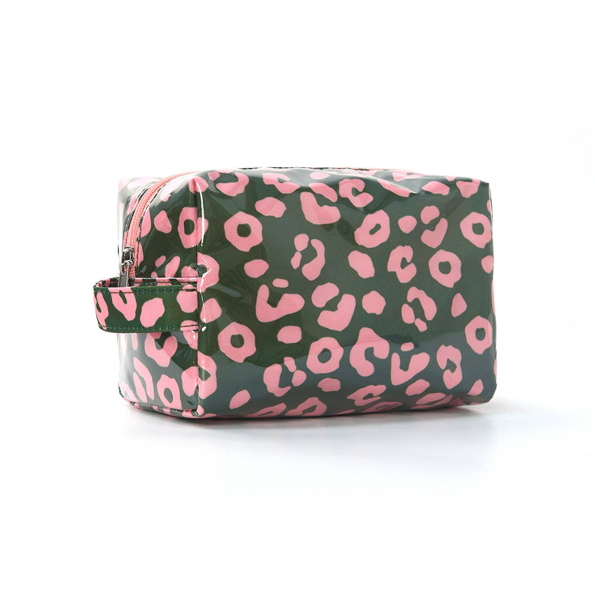 Cosmetic bag with pink leopard print on a white background