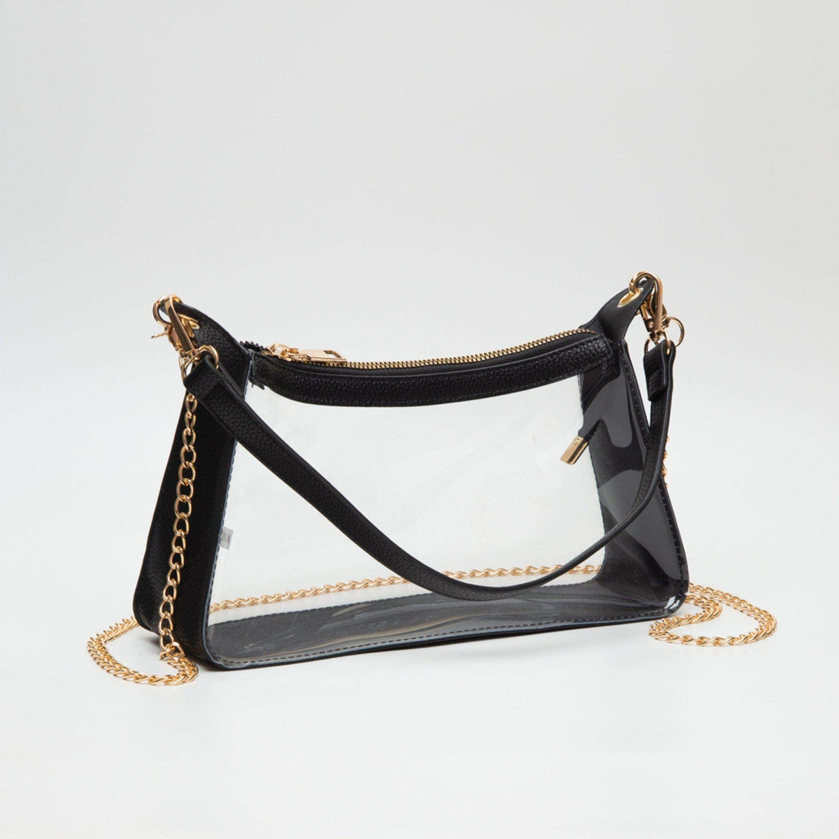 Black handbag with gold chain strap on a white background