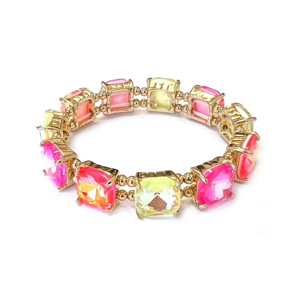 Neon Cushion Cut Glass Crystal Linked Stretch Bracelet