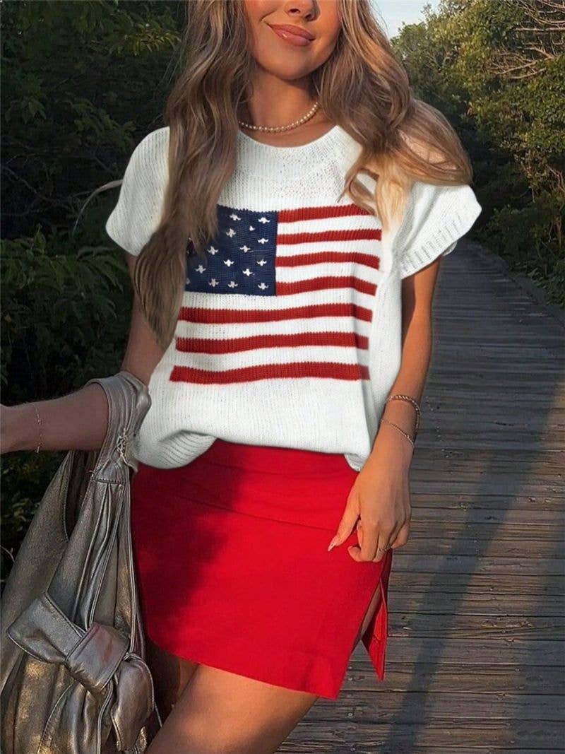Cap Sleeve American Flag Knit Top
