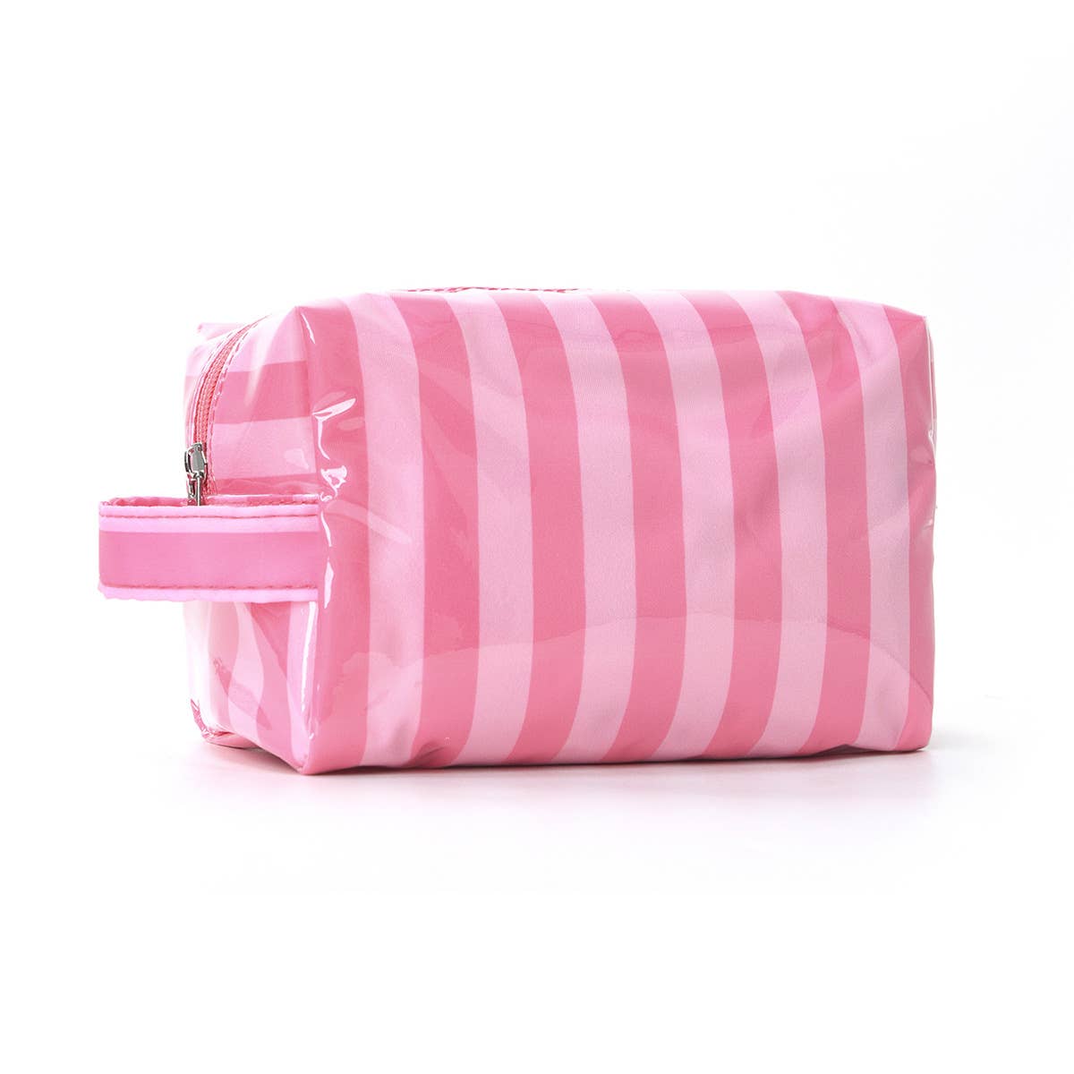 Pink striped toiletry bag on a white background