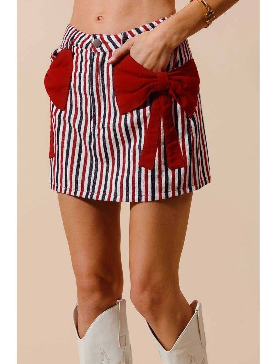 Colorblock Stripe Patriotic Bow Denim Skirt