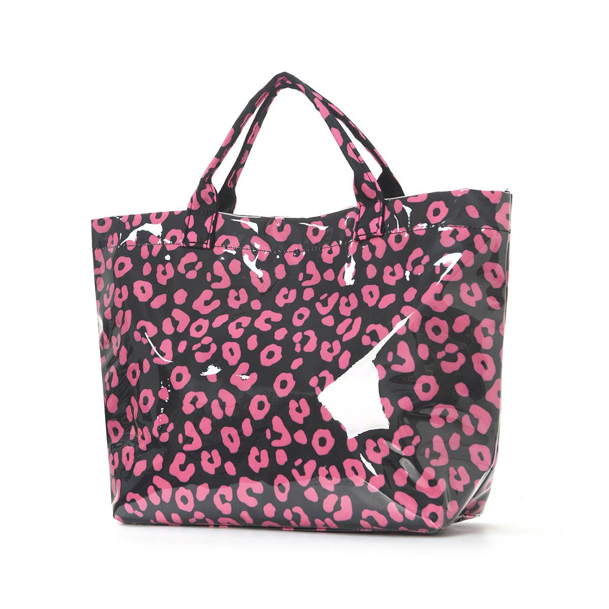 Pink leopard print tote bag on a white background