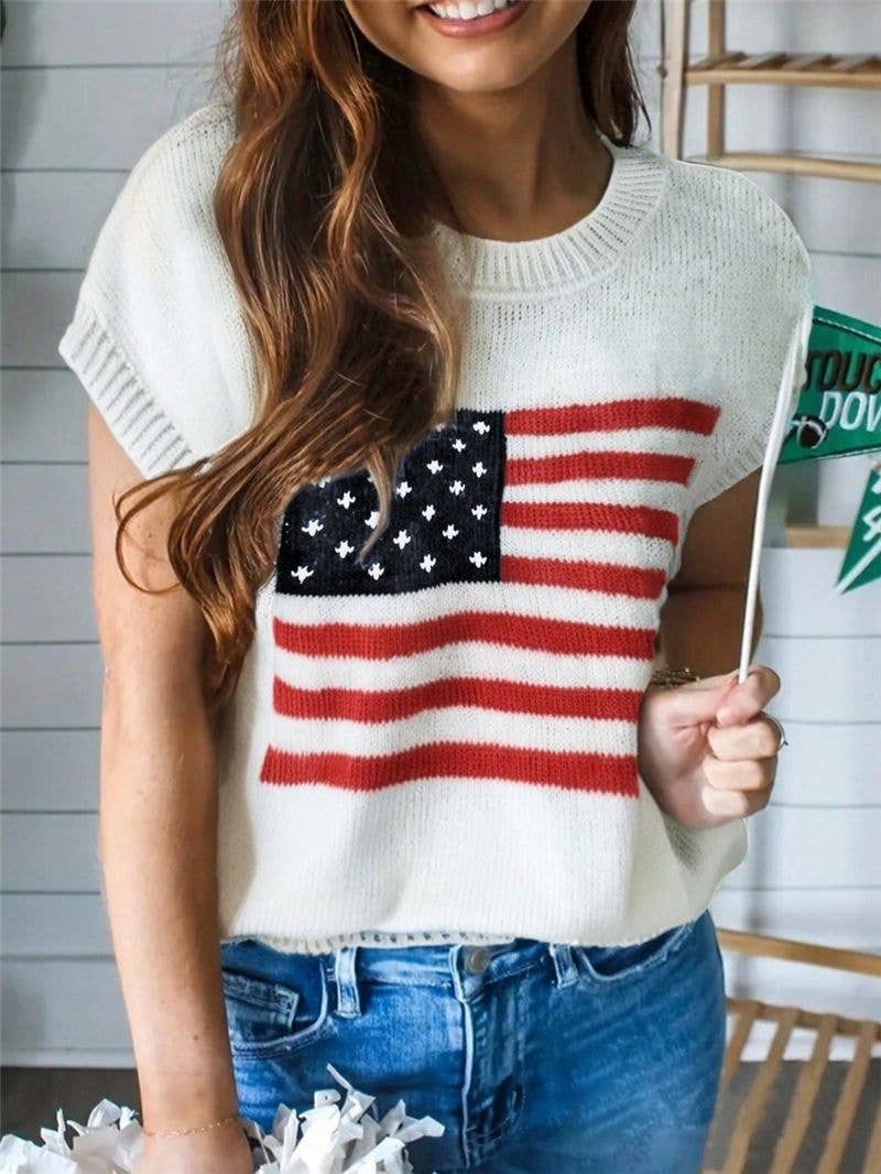 Cap Sleeve American Flag Knit Top