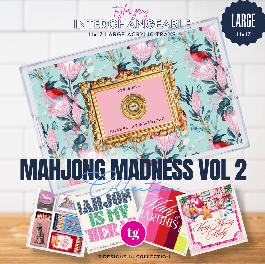 A promotional collage for a large acrylic tray featuring floral mahjong artwork. The main tray has a mint aqua background with pink flowers, red birds, and dark green leaves, plus a central gold ornate frame over a pink panel reading 'PRESS FOR CHAMPAGNE & MARJORING.