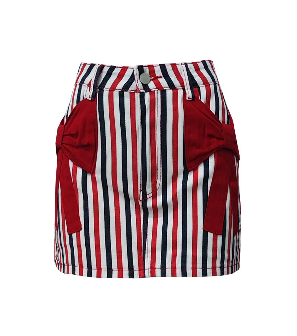 Colorblock Stripe Patriotic Bow Denim Skirt