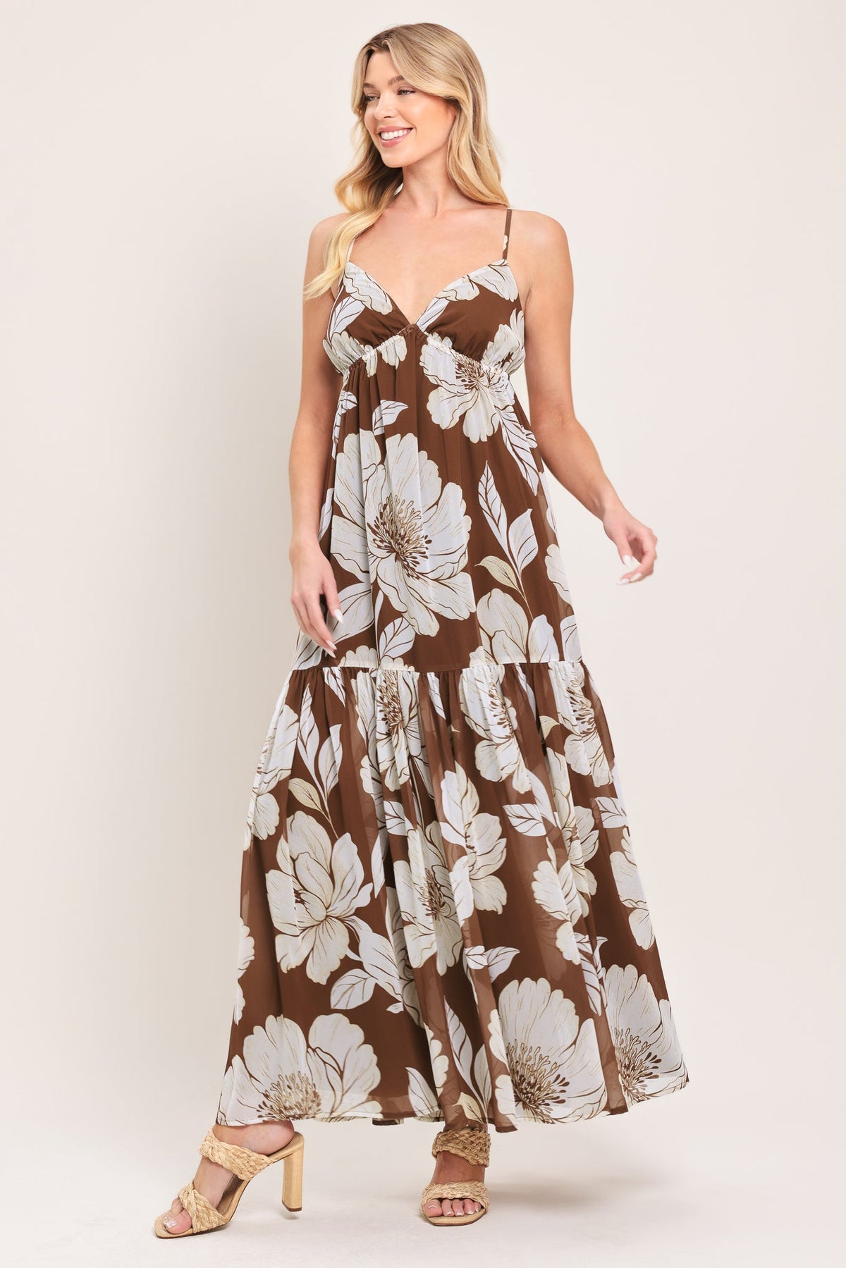 Woman wearing a floral dress with a plain background