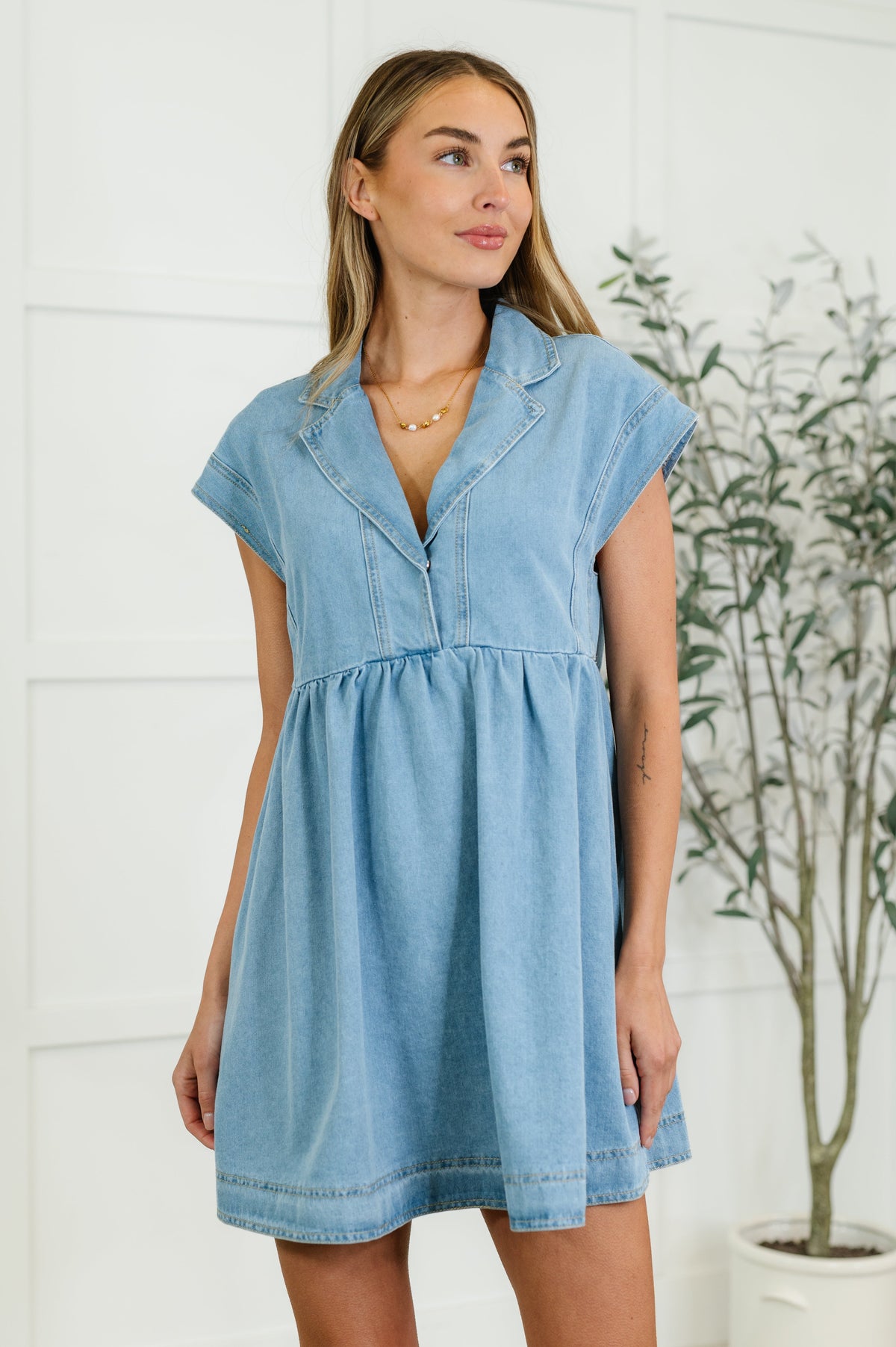 Woman wearing a light blue dress standing indoors with a plant in the background