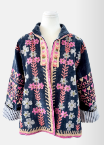A navy blue embroidered jacket with pink, white, and yellow floral patterns, displayed on a white mannequin torso against a light gray background.