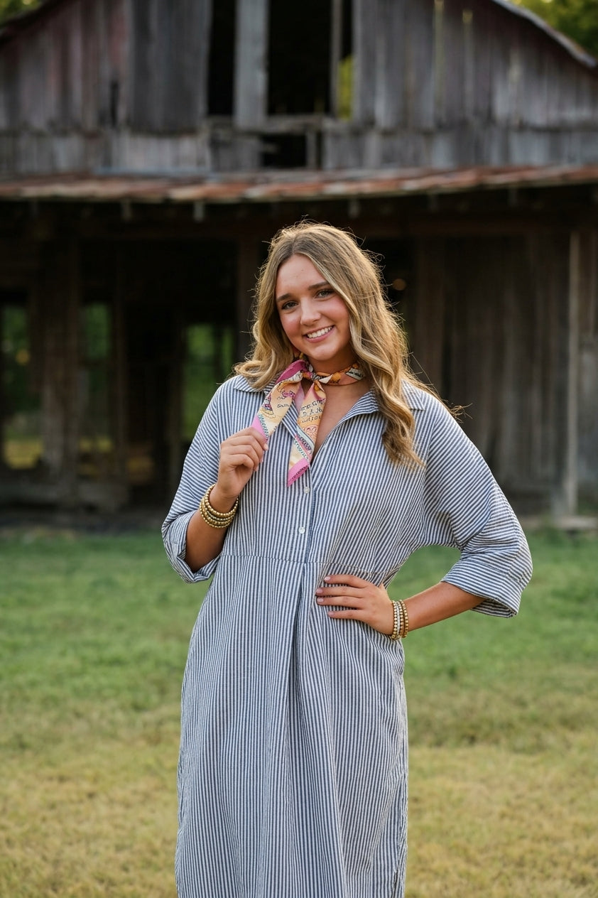 A woman stands outdoors in front of a rustic wooden barn wearing a loose, long-sleeve button-front shirt dress with thin vertical blue and white stripes and a patterned neck scarf.