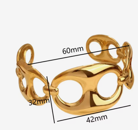 Gold-toned metal ring with overlaid dimension lines and labels reading 60mm, 32mm, and 42mm on a plain light background.