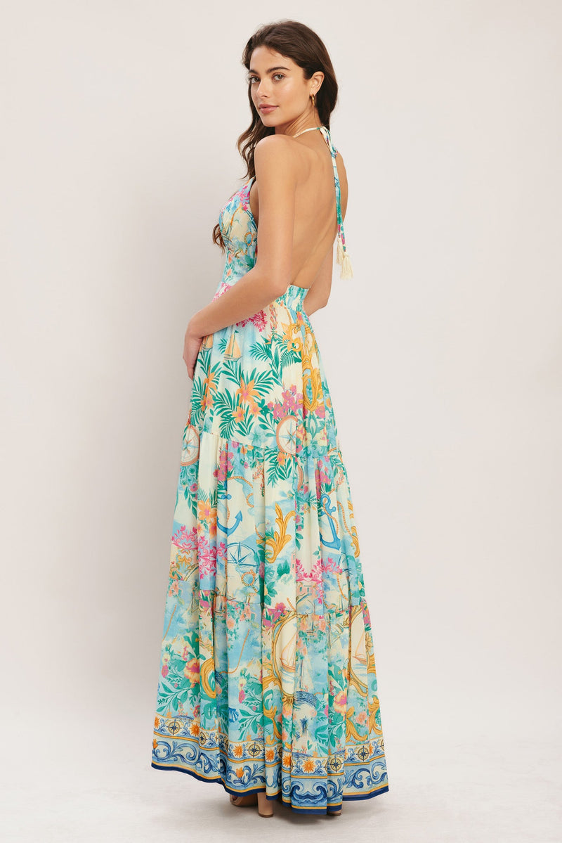 Woman wearing a floral dress on a white background