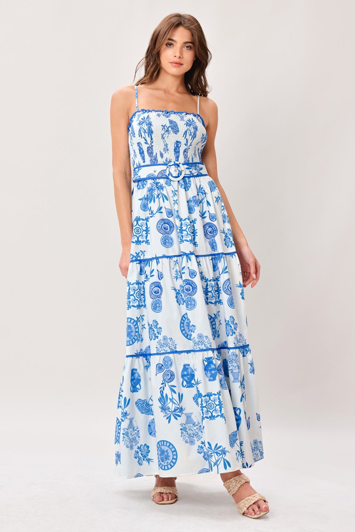 FLYING TOMATO Mixed Print Tiered Cotton Maxi Dress in Ivory Blue at Nordstrom, Size Small