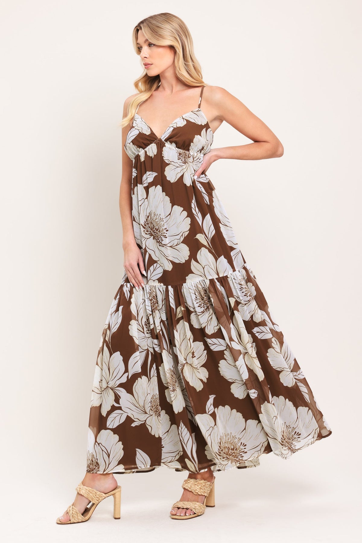 Woman wearing a brown floral dress on a white background