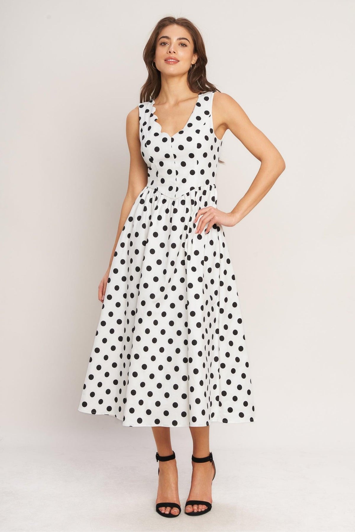 VINTAGE WHISPER POLKA WOVEN MIDI DRESS l FLYING TOMATO IVORY Black / M