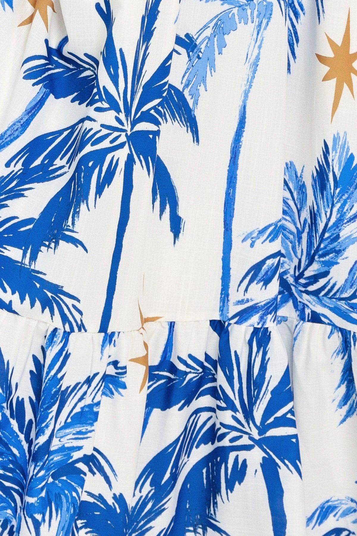 Close-up of a fabric with blue palm tree pattern on a white background