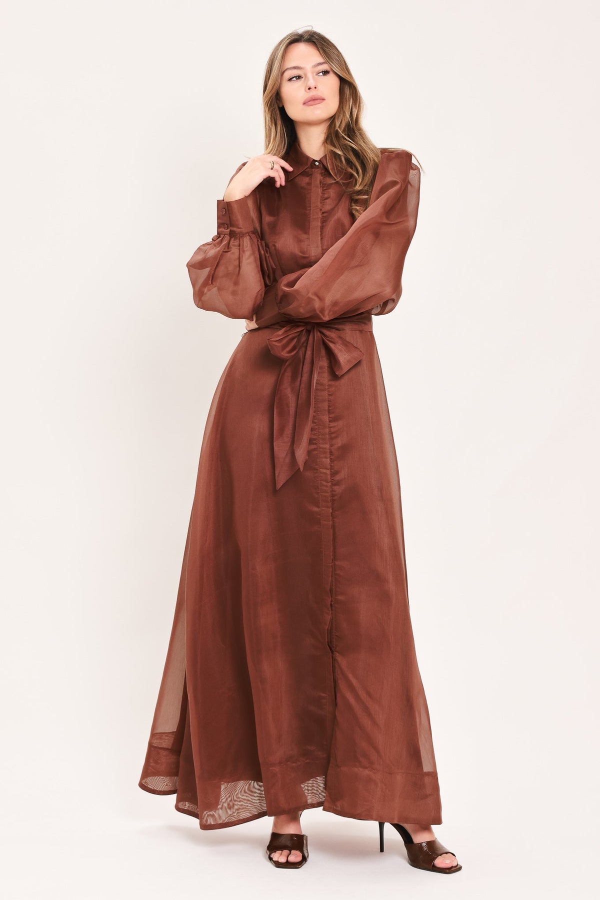 A woman modeling a long-sleeved rust-brown maxi dress with a tie waist and sheer overlay, paired with brown heeled sandals, against a plain off-white studio background.