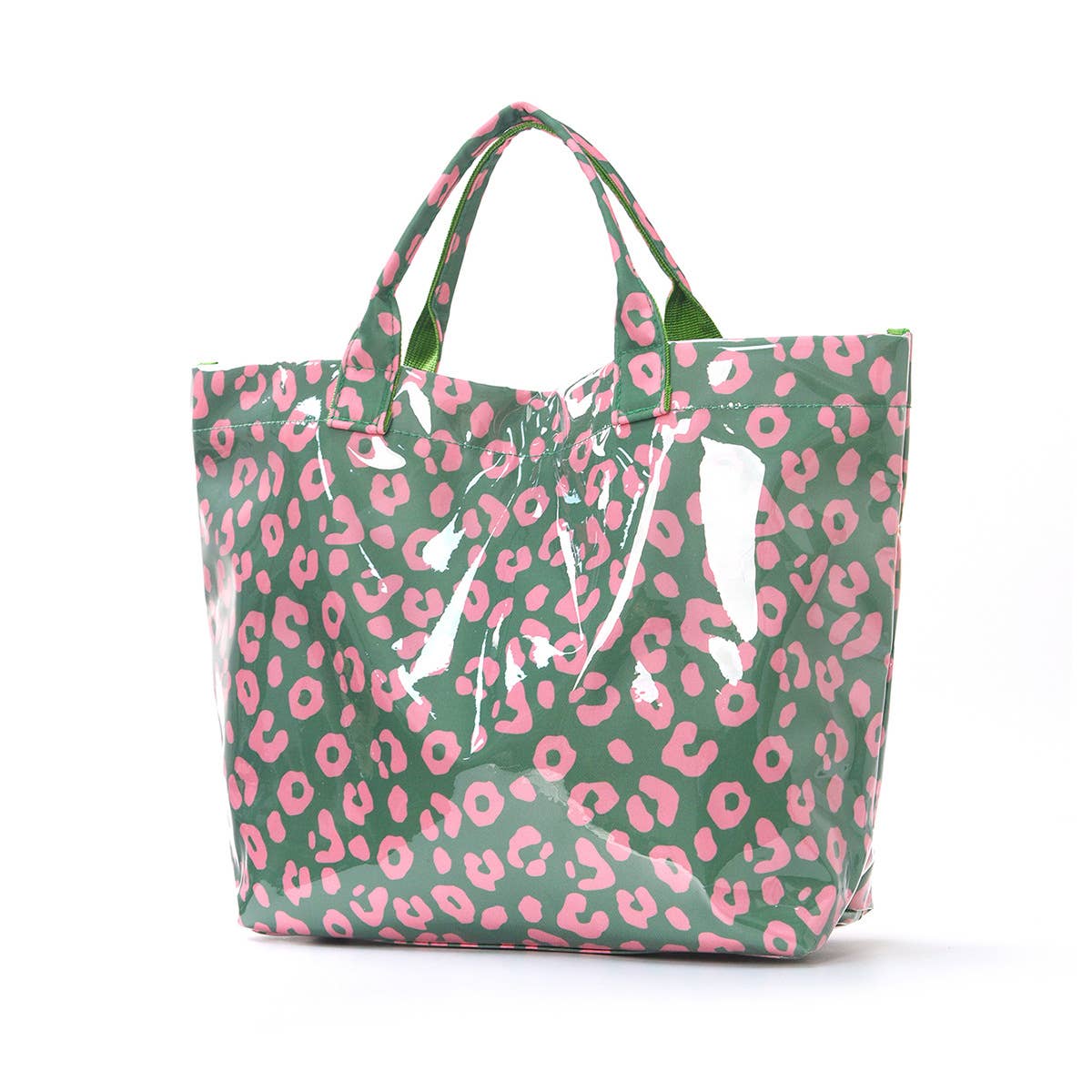Green tote bag with pink leopard print pattern on a white background