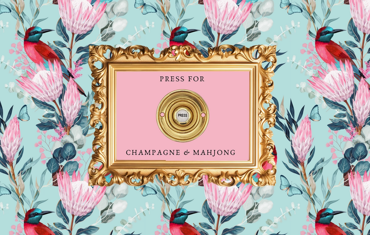 A decorative invitation card or packaging design featuring a central ornate gold frame with a pink center and the text 'PRESS FOR CHAMPAGNE & MAHJONG.' The background is a repeating floral and bird pattern on a light aqua backdrop.
