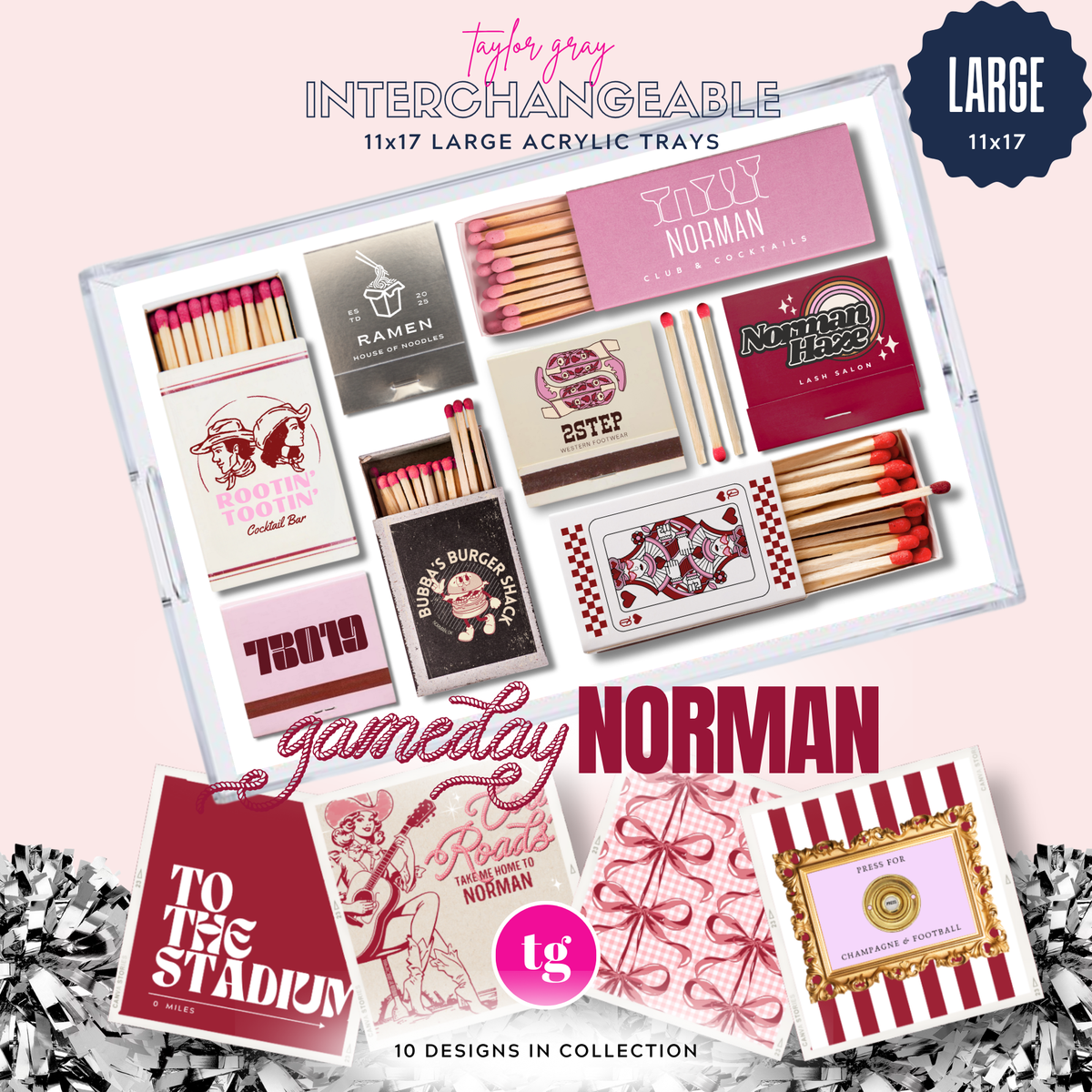 Collection of matchbox designs with 'NORMAN' branding on a pink background