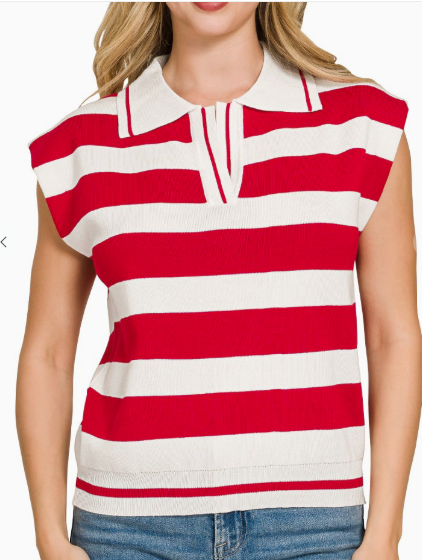 Red and white striped sleeveless top worn by a person