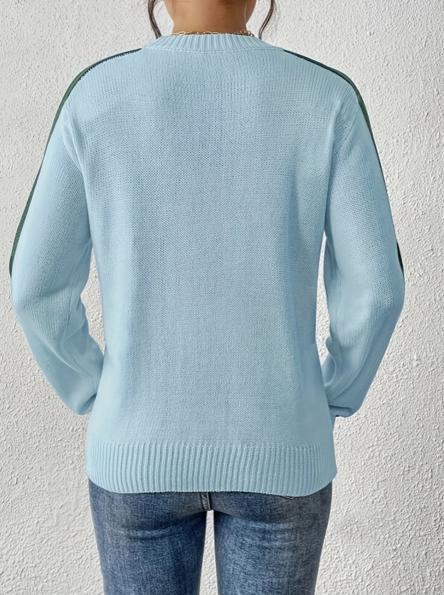 A person viewed from the back wearing a light blue ribbed knit sweater with dark green stripe details along the shoulders and sleeves, paired with blue jeans against a textured off-white wall.