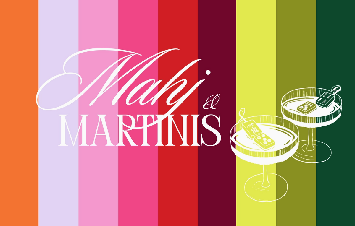 A colorful graphic with vertical stripes in orange, lavender, pink, red, yellow-green, and dark green, featuring the white script text 'Maj & Martinis' and white line drawings of two martini glasses.