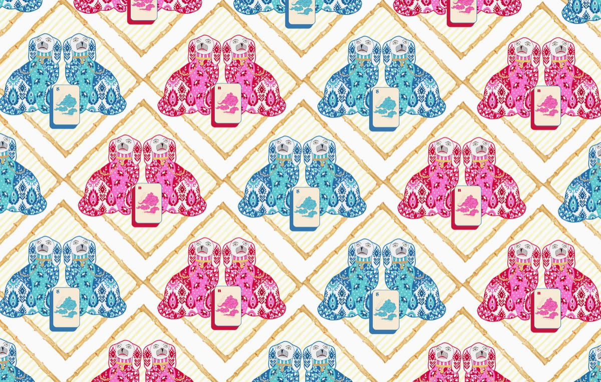 A repeating pattern of stylized pink and blue birds with patterned feathers arranged in a diamond lattice on a cream background with gold lines.