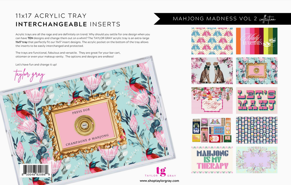 A promotional graphic for 11x17 inch acrylic tray interchangeable inserts from 'Mahjong Madness Vol 2' by Shop at Taylor's Gray. The left side shows a large preview of a tray decorated with pink flamingos, a gold ornate frame, and a pink center panel.