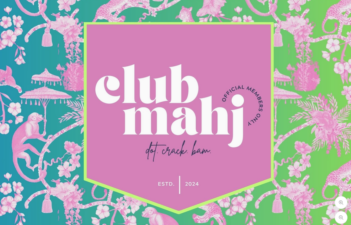 A digital graphic design for a sticker or decal, featuring a central pink shield with the text 'club mahj det crack bam' in white, surrounded by a light green border. The background is a vibrant lime green and teal pattern decorated with pink tropical motifs including monkeys, palm trees, and flowers.