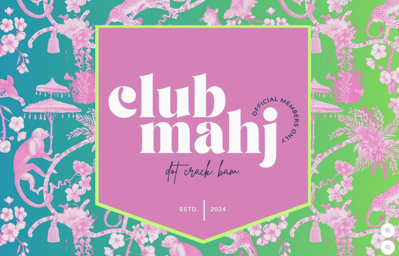A digital graphic design for a sticker or decal, featuring a central pink shield with the text 'club mahj det crack bam' in white, surrounded by a light green border. The background is a vibrant lime green and teal pattern decorated with pink tropical motifs including monkeys, palm trees, and flowers.