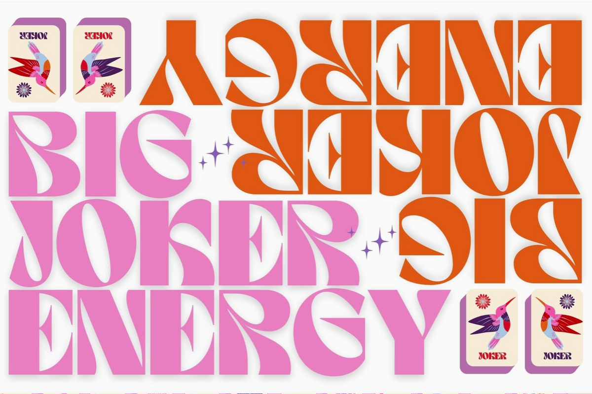 A graphic design sheet featuring retro-style typography with the words 'BIG JOKER' in alternating pink and orange block letters, alongside two illustrated playing cards at the top left and bottom right with the word 'JOKER' on them, all on a white background.