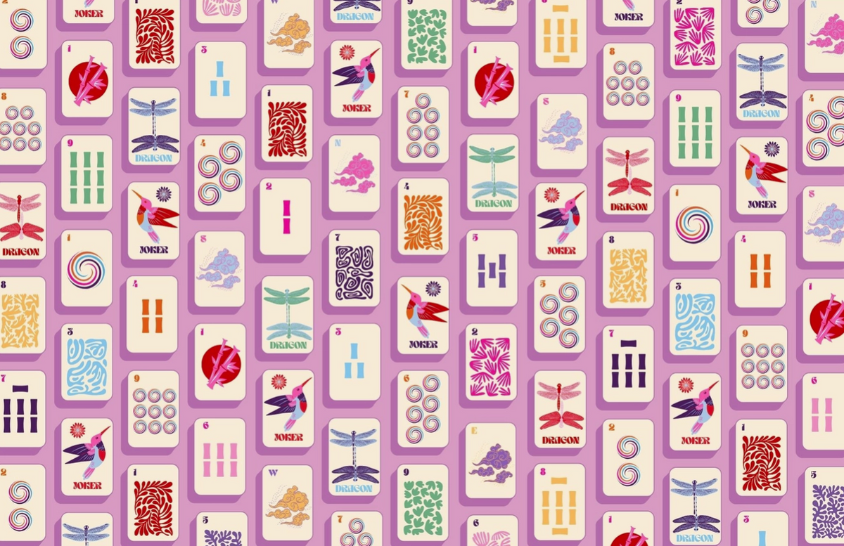 A repeating pattern of illustrated playing cards on a lavender background. The cards feature various abstract symbols, geometric shapes, and stylized birds in multiple colors including red, blue, green, yellow, and purple.