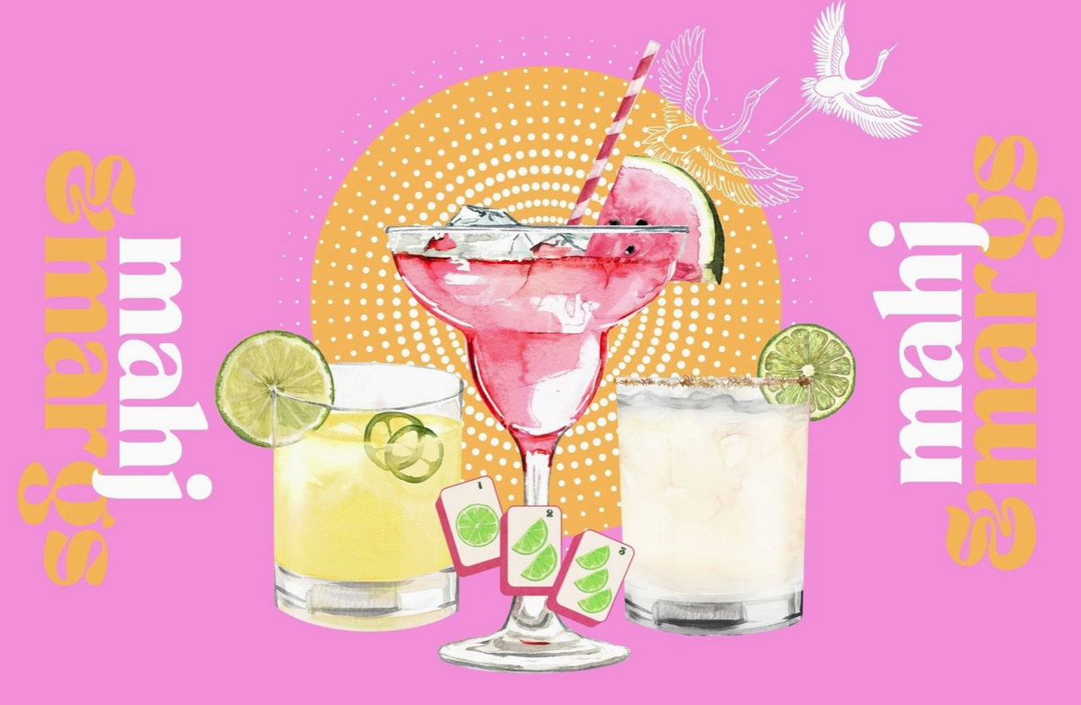 A stylized illustration of three cocktails on a bright pink background with a yellow dotted circle behind the center drink. The central drink is a pink margarita with a striped straw and lime wheel, flanked by a yellow drink and a white drink, each with lime slices.