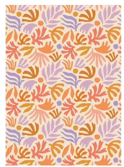 A flat rectangular textile or fabric swatch with an all-over repeating botanical pattern in orange, coral, lavender, and mustard on a warm cream background.