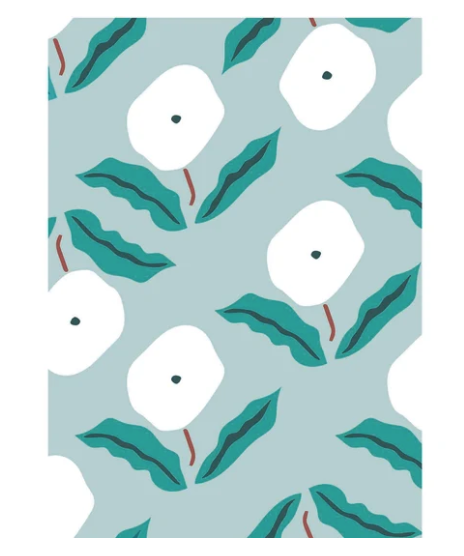 A flat repeating floral pattern with large white flower shapes, teal-green leaves, and small brown stems on a pale blue background.