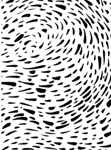 Black and white abstract pattern featuring a spiral or concentric swirl design made of irregular black dashes on a white background.