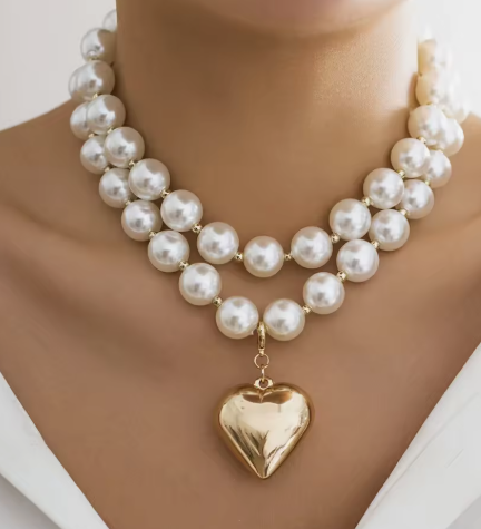 Gold Plated Heart Pendant Necklace| Pearl Chain