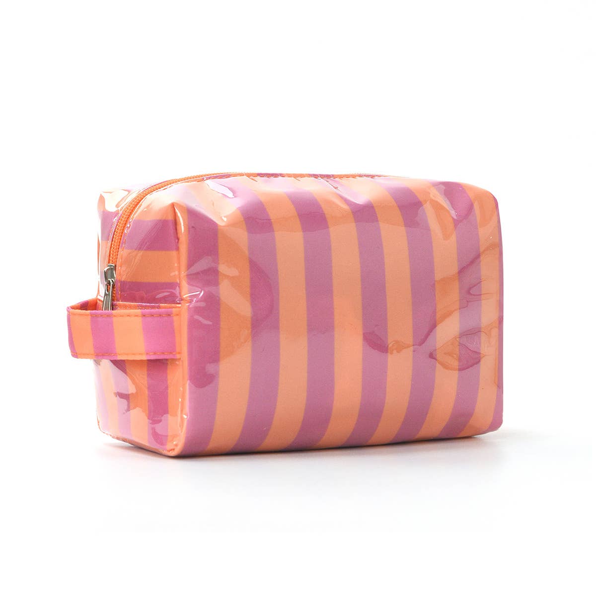 Striped pink and orange pouch on a white background
